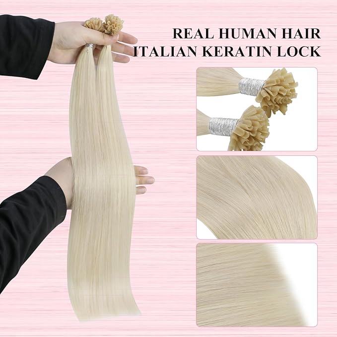 YoungSee U Tip Hair Extensions Human Hair Blonde Utips Hair Extensions Platinum Blonde Keratin Hair Extension for Short Hair K Tip Hair Extension Real Human Hair Straight for Thin Hair 14In 1G/S 50G