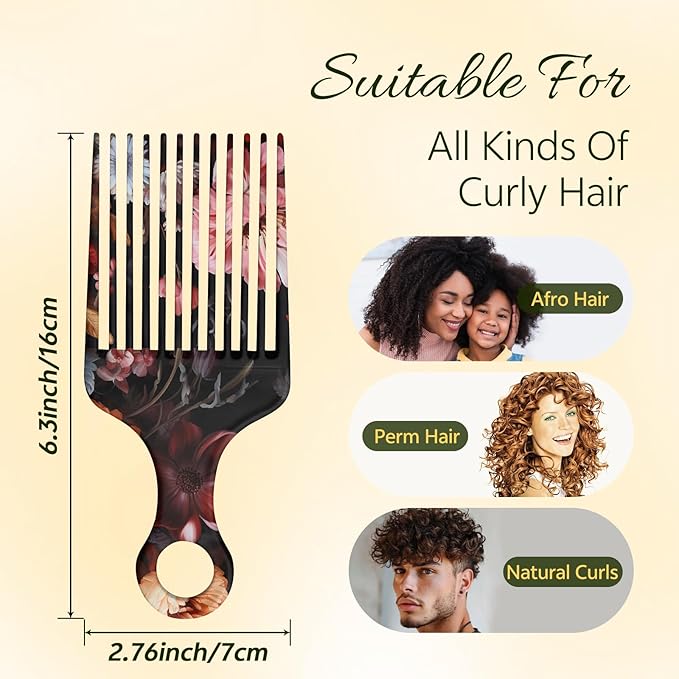 2 Pcs Afro Pick Comb for Natural Curly Hair,Portable Styling Hair Pick for Travel,Anti-Static,Cute Afro Comb for Women Men and Girls(Black-T8)