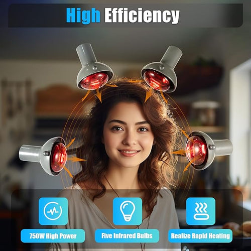 5 Head Infrared Heat Lamp 750W Portable Floor Salon Hair Dryer Adjusting Styling Perming Dryer Color Processor Styling Hair Hood Dryer (Grey)