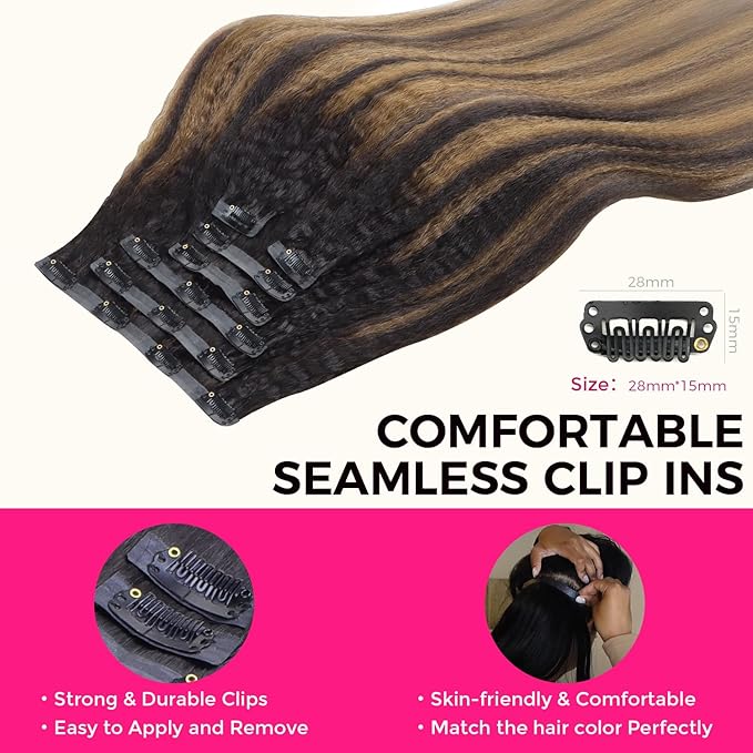 Lashey Seamless Clip in Hair Extensions Human Hair 110g 7pcs Kinky Straight Natural Black Mixed Chestnut Brown Clip in Hair Extensions for Black Women 14 Inch 100% Remy Human Hair Extensions