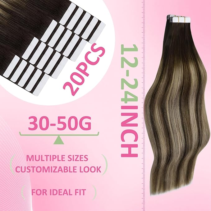 YoungSee Invisible Tape in Hair Extensions Balayage Tape in Hair Extensions Human Hair Dark Brown Roots Ombre Ash Blonde Tapein Extension Real Human Hair for Short Hair 12Inch 20pcs 30g