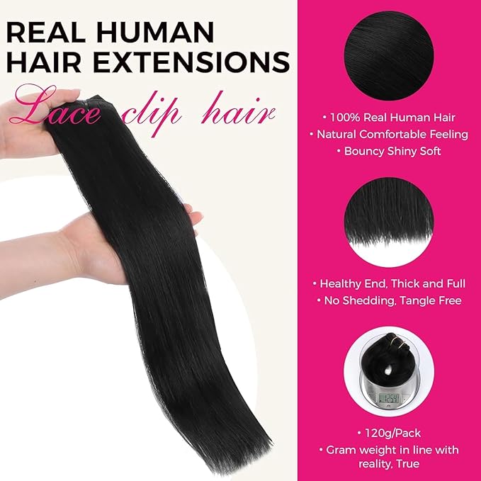 Lashey Clip in Hair Extensions 7pcs 120g #1 Jet Black Straight Human Hair Clip in Extensions for Women 16 Inch Thick Hair Extensions with Full Ends