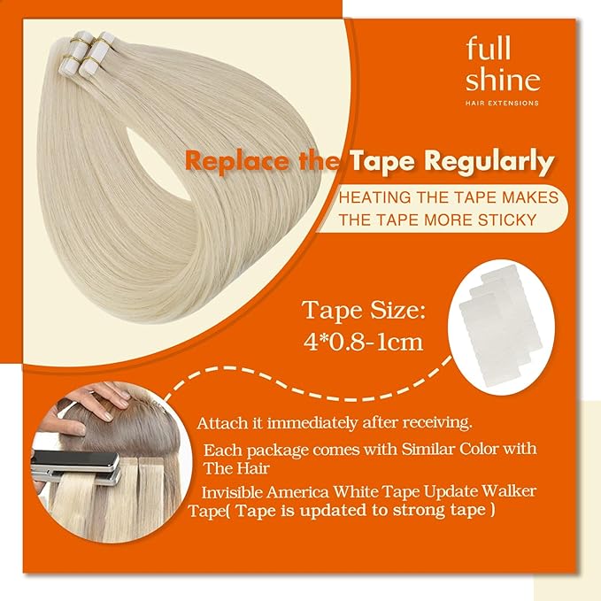 Full Shine Tape in Hair Extensions Real Human Hair 60 Platinum Blonde Tape Hair Extensions Real Human Hair 16 Inch Invisible Remy Human Hair Extension 50g Extensions Human Hair Natural 20 Pcs