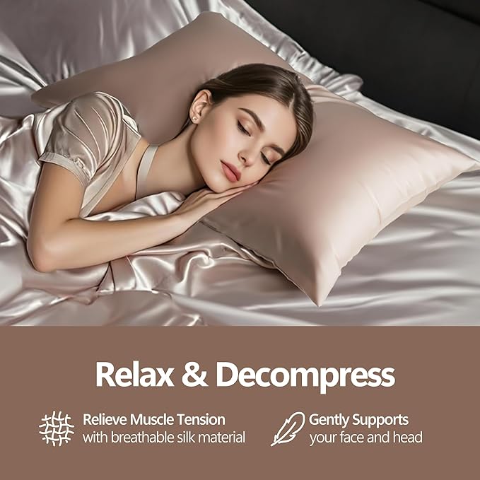 Set of 2 100% Silk Pillow Cases King - 6A Luxury Mulberry Silk Pillowcase for Hair and Skin - Anti-Wrinkle, Cooling & Smooth, Hidden Zipper - Pillowcases for Sleeping Women Girl, Boy, Beige