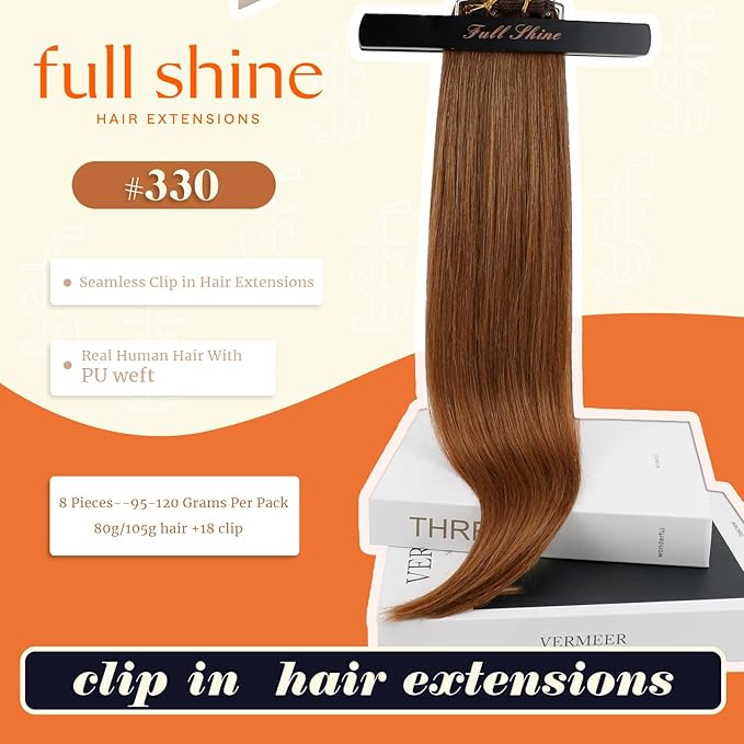 Full Shine Clip in Hair Extensions 20 Inch Human Hair Copper Remy Clip in Extensions Real Human Hair Red Hair Extensions Pu Weft Invisible Straight Hair Extensions Real Human Hair Clip ins 120G 8 Pcs