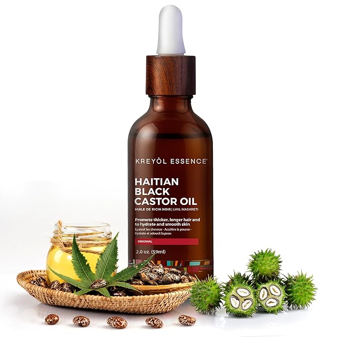 Kreyol Essence - 2 Oz Original Haitian Black Castor Oil, Glass Bottle - Thicker Brows & Longer Eyelashes, Paraben Free, Natural Ingredients