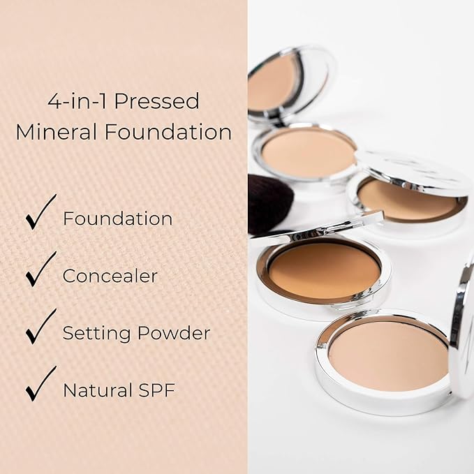 4-in-1 Pressed Foundation Powder with Natural SPF, Concealer & Finishing Powder, Medium to Full Coverage Foundation, Mineral-Based Powder (Eva, 0.35 oz)