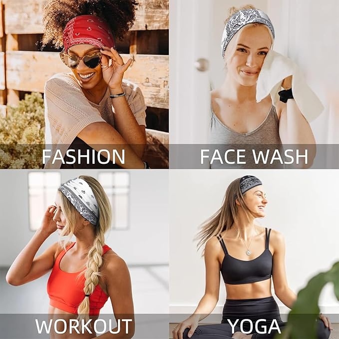 Huachi Bandana Headbands for Women Non Slip, Thick Womens Headbands Boho Elastic Hair Bands for Women's Hair, Stretchy Sweat Headband for Workout Running Working