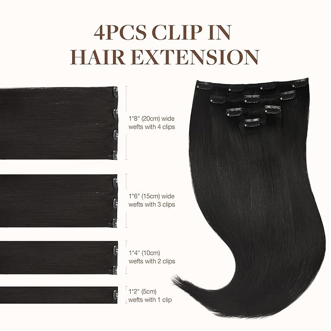 GOO GOO Clip in Hair Extensions Real Human Hair, Remy Human Hair Extensions Clip ins for Women, Natural Human Hair, 18inch 70g 4Pcs, 1B Natural black