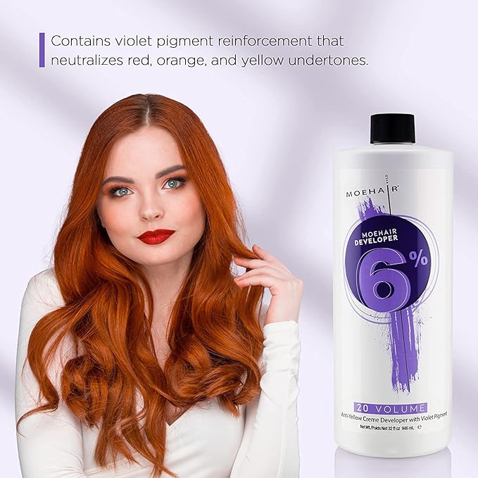 Moehair Anti Yellow Hair Color Developer Creme 20 volume 6% hydrogen peroxide with Violet Pigment, Professional developer for hair coloring, bleach for brighter and lighter tints. 32 Fl Oz