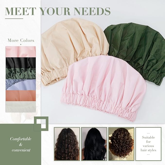 Reusable Shower Cap for Women, Large Waterproof Shower Essentials Bonnet Washable Elastic Band Bath Hair Wrap Hat for Long Hair, Braids(Light Blue)