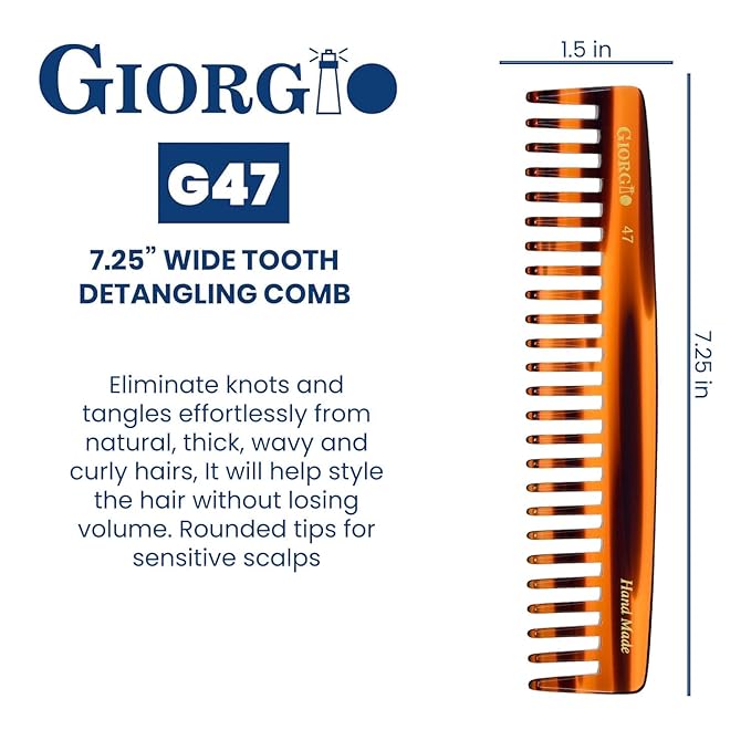 Giorgio G47 Wide Tooth Detangling Hair Comb for Thick Curly Wavy Hair. Long Detangler Comb For Wet and Dry Hair. Handmade, Extra Wide Tooth Comb Saw-Cut, Hand Polished