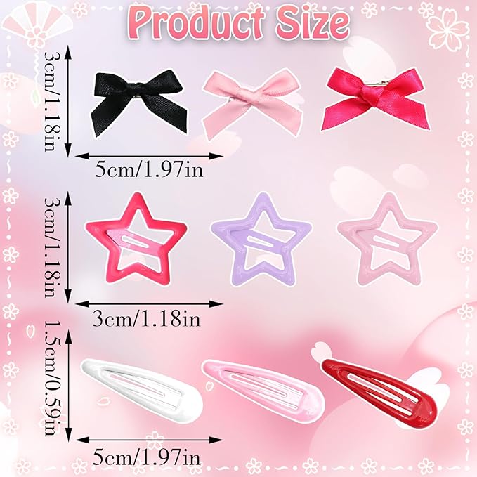 36Pcs Pink Mini Bow Hair Clips 6 Color Water Drop No Slip Hair Clips for Women White Star Snap Hair Barrettes Black Small Hair Bows Star Bowknot Hair Accessories for Girls