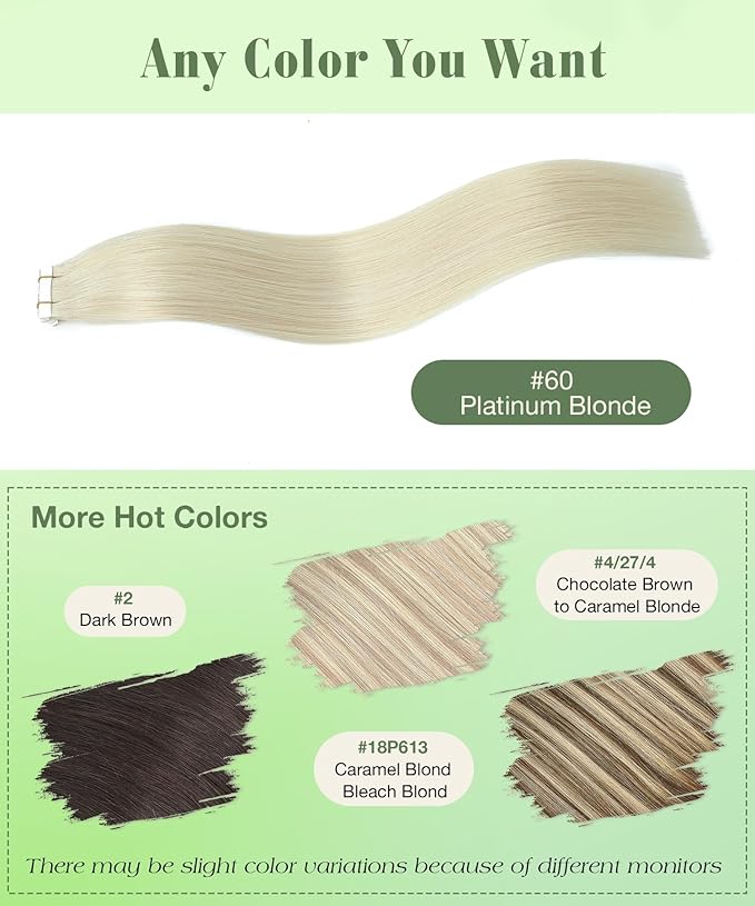 SURNEL Tape in Hair Extensions #60 Platinum Blonde Tape in Human Hair Extensions 20pcs 50g 14 inch(#60-16)