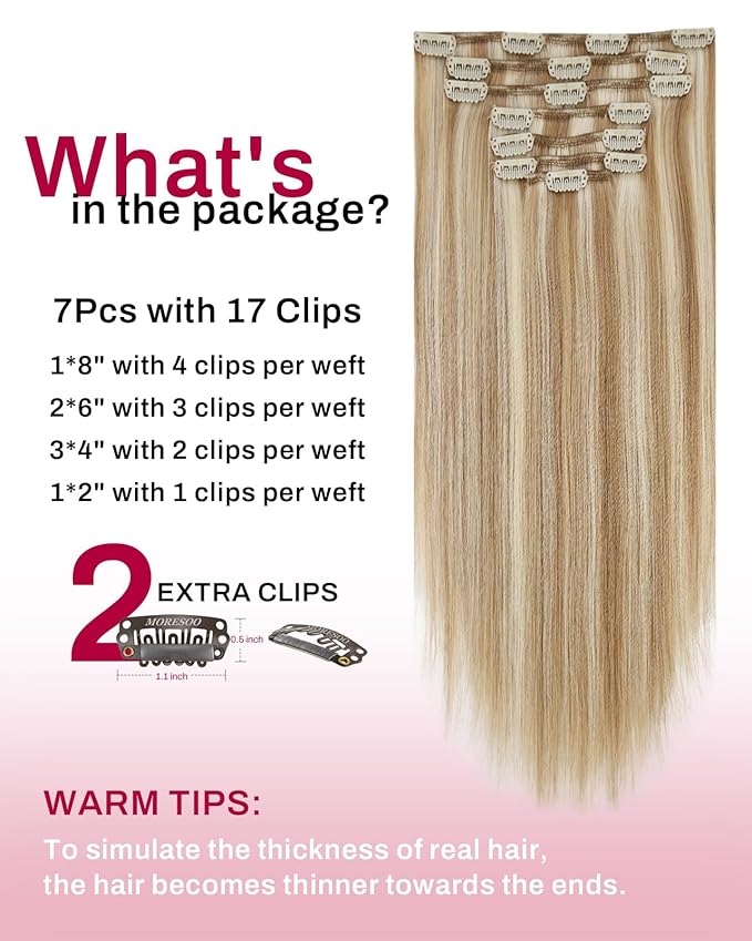 Moresoo Clip in Hair Extensions Brown Blond Highlight Real Human Hair Extensions Clip ins Chestnut Brown with Platinum Blonde for Women Long Remy Human Hair Double Weft 120g/7pcs 24in