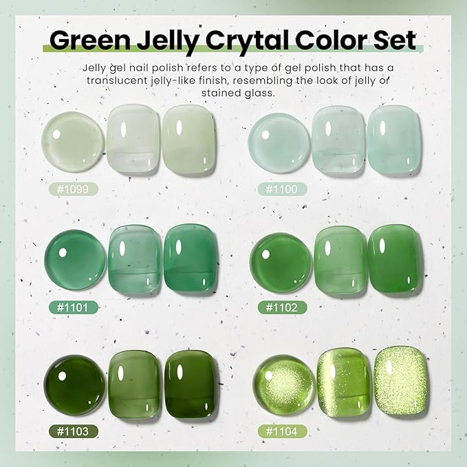 RARJSM Green Jelly Glass Gel Nail Polish Set 6pcs Clear Crytal Army Dark Jade Sage Green Transparent Sheer Amber Series Milky Diamond Cat Eye Gel Varnish LED UV Curing Requires