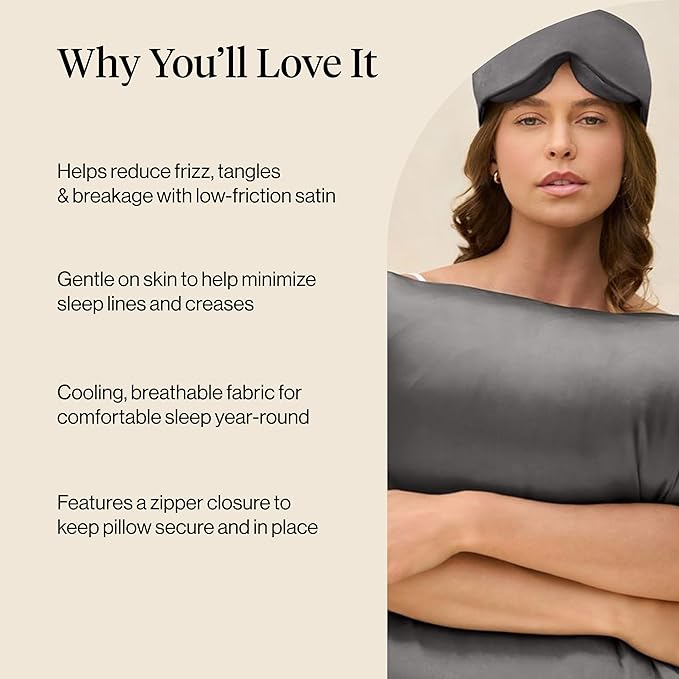 Kitsch Satin Pillowcase with Zipper for Hair & Skin, Softer Than Silk Pillow Cases Queen Size Set of 2, Wrinkle-Free, Smooth and Cooling Satin Pillow Covers, Standard Size 19"x26" - Charcoal, 2pcs