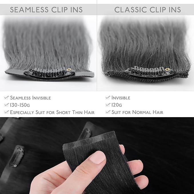 WENNALIFE Seamless Clip In Hair Extensions Human Hair, 24 Inch 160g 7pcs Jet Black Hair Extensions Clip in Human Hair Invisible PU Skin Weft Natural Remy Human
