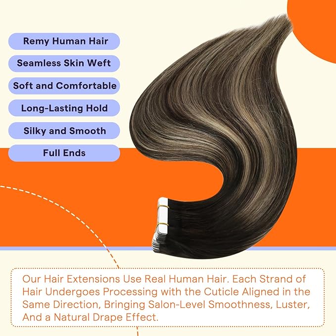 Full Shine Tape Ins Human Hair Extensions Color 1B/27/1B Black with Blonde 24 Inch Invisible Seamless Skin Weft Remy Human Hair Tape in Extensions 50g Straight Soft and Silky Hair 20PCS Add Length