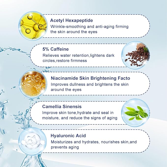 Caffeine Eye Serum,Under Eye Roller Serum with 360° Massage Ball,Eye Contour Cream for Dark Circles and Puffiness Wrinkles Fine Lines