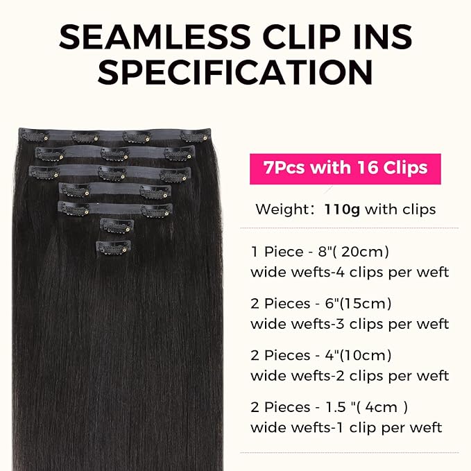 Lashey Seamless Clip in Hair Extensions Human Hair Light Yaki Straight 110g 7pcs Natural Black 18 Inch PU Clip Soft Invisi Edge