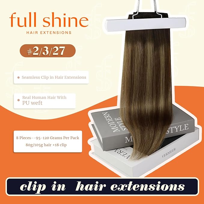 Full Shine Hair Clip in Extensions Balayage Seamless Hair Extensions Clip ins Ombre Brown to Walnut Brown Mix Honey Blonde 20 Inch Straight Hair Extension 8 PCS 120 G