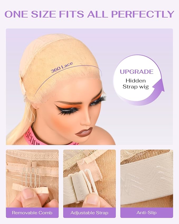 Hidden Strap Straight 360 613 Lace Front Wigs Human Hair Invisible Strap Pre Plucked 180% Density SALON-Quality Blonde Wig with Drawstring Glueless Wigs HD Full Lace Human Hair Wigs 22inch