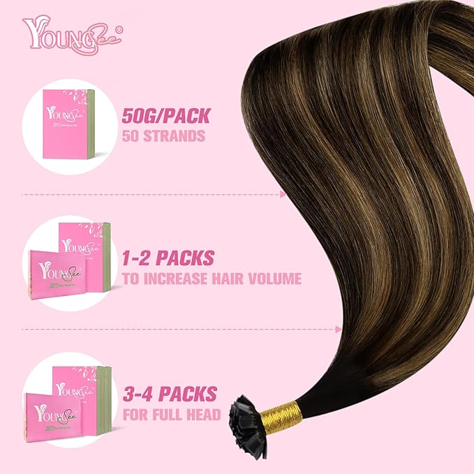 YoungSee K Tip Hair Extensions Human Hair Brown Balayage Hair Extensions K Tip Dark Brown Ombre 16In 50s/50G