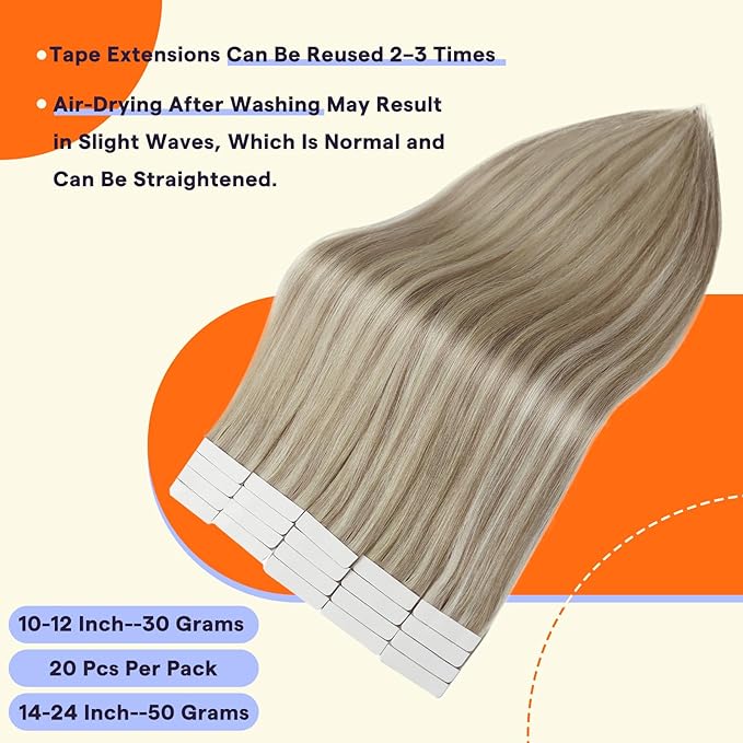 Full Shine Tape in Hair Extensions Human Hair 20 Inch Remy Human Hair Tape Extensions Highlighted Color 18 Ash Blonde and 613 Light Blonde Hair Extensions Tape Ins 20 Pcs 50Gram Adhesive Hair