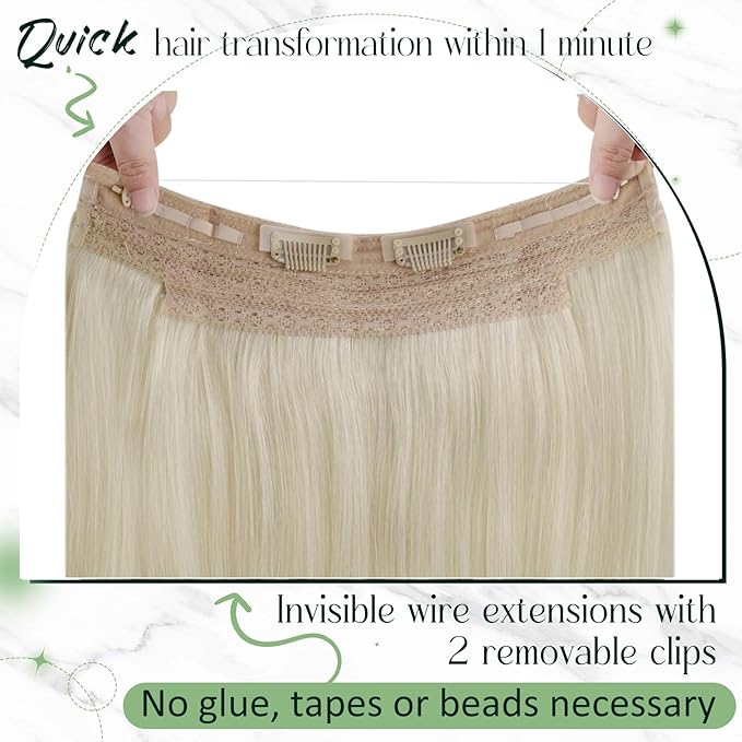 RUNATURE Wire Hair Extensions Human Hair, Platinum Blonde Hair Extensions One Piece Clip in Fish Line Hidden Extnesions, Silky Remy Natural Hair for Women 12 Inch 70g #60