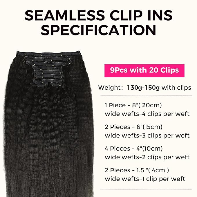 Lashey Seamless Clip in Hair Extensions Human Hair 150g 9pcs 20 Inch Kinky Straight Natural Black Real Human Hair Clip in Hair Extensions with Soft PU Weft