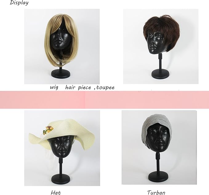 2 PACKS Adjustable wig or hat black styrofoam mannequin head holder stand (13”to 17”) (Black head 01)