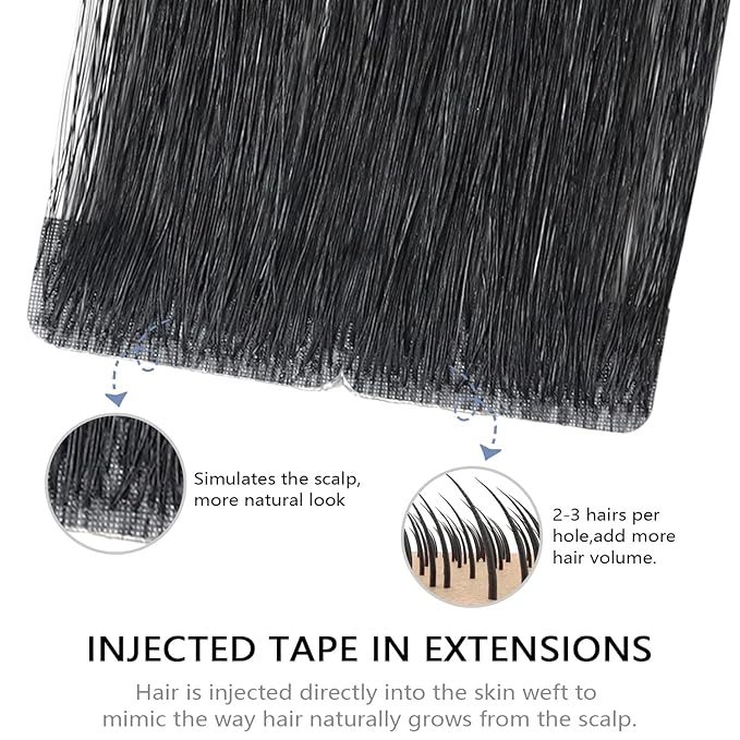 COOKAYU Invisible Tape in Hair Extensions Human Hair, Tape in Extensions Jet Black 20Inch 45g 20pcs Injected Tape in Human Hair Seamless Invisi Edge