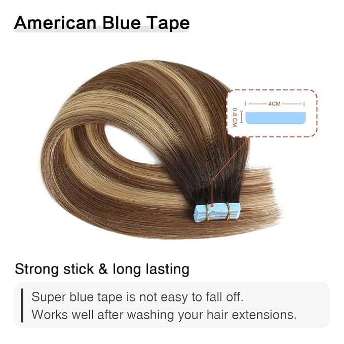 SUYYA Tape in Hair Extensions Human Hair Balayage Darkest Brown to Chestnut Brown and Light Blonde 18 Inch 50g/pack 20pcs Straight Seamless Skin Weft Tape in Real Hair Extensions(18inch #P6/16/T2)