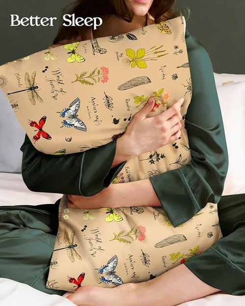 2 Pack Mulberry Silk Pillowcase for Hair and Skin - Standard Size 20 x 26 Inches with Hidden Zipper Plants Butterfly 19 Momme Soft Sleeping Silk Pillow Case for Women, Moms