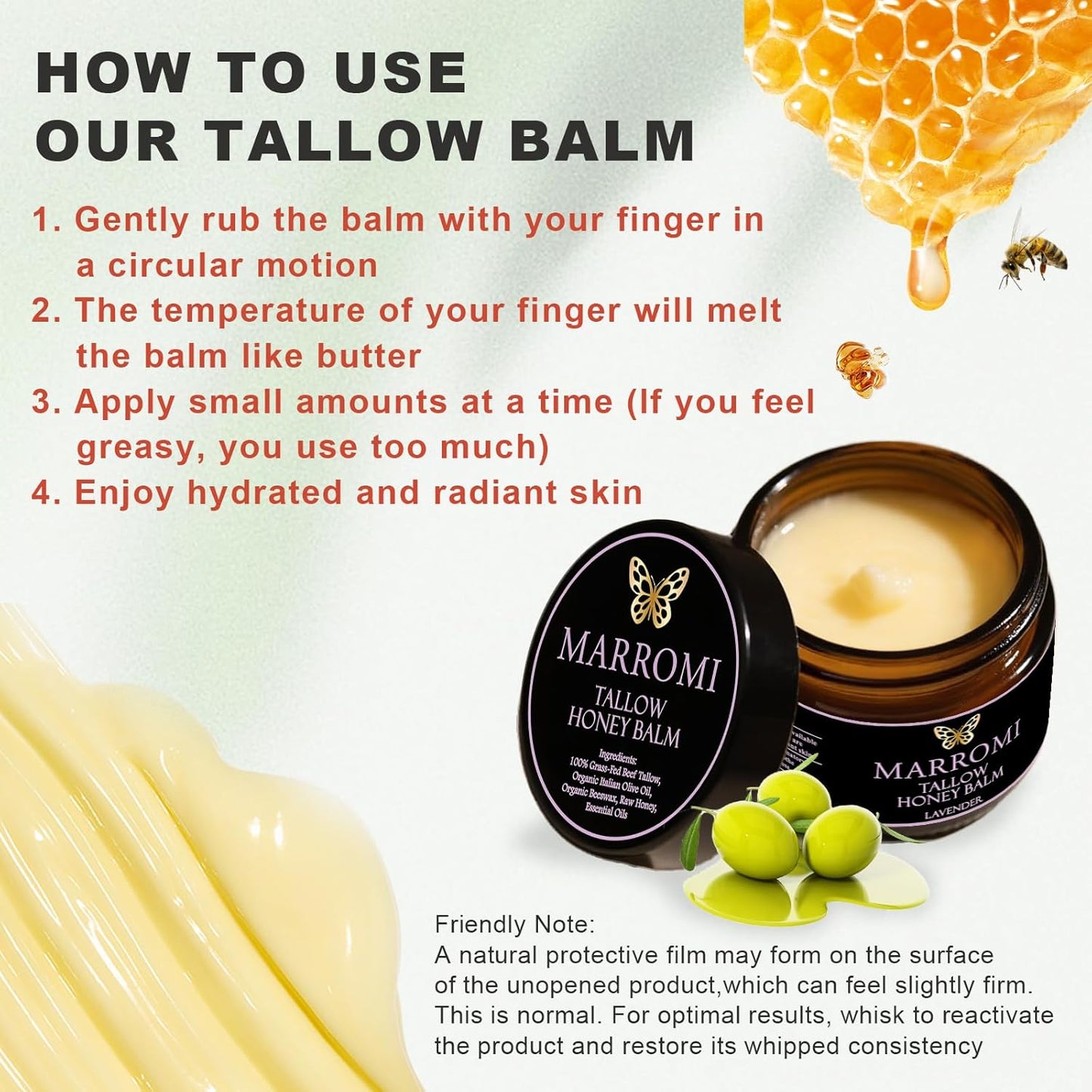 Marromi Beef Tallow for Skin, Tallow Honey Balm, Organic Grass-Fed Beef Tallow Balm with Raw Honey, Natural Soothing Moisturizing (Lavender scent)
