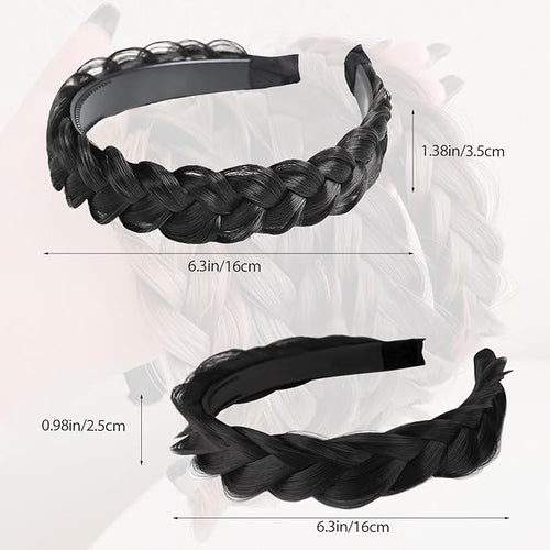 2PC Braided Headband with Tooth – Wide Faux Hair Braid Wig Hairband, Messy Fishbone & Geflochten Haarband Shape – for Women Fashion Accessories for Oktoberfest, Wedding, Parties, Comb Fit(Black)