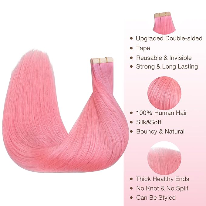 GOO GOO Tape in Hair Extensions Human Hair, Peach Pink, 14inch 25g 10pcs, Colored Tape ins Human Hair Extensions, Silky&Soft Invisible Tape Ins, Hair Highlighted for Party
