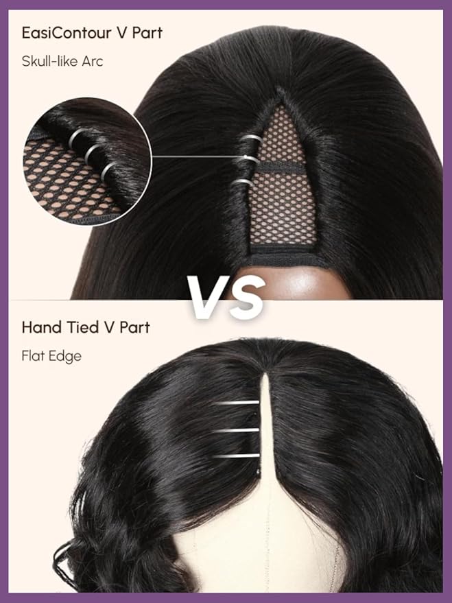 YIROO EasiContour V Part Wigs Ombre Brown Glueless Human Hair Upgrade U Part Wig with Dark Roots Highlight V Shape Clip Wigs Beginner Friendly with Drawstring Ready to Wear Chestnut Brown Color 14Inch