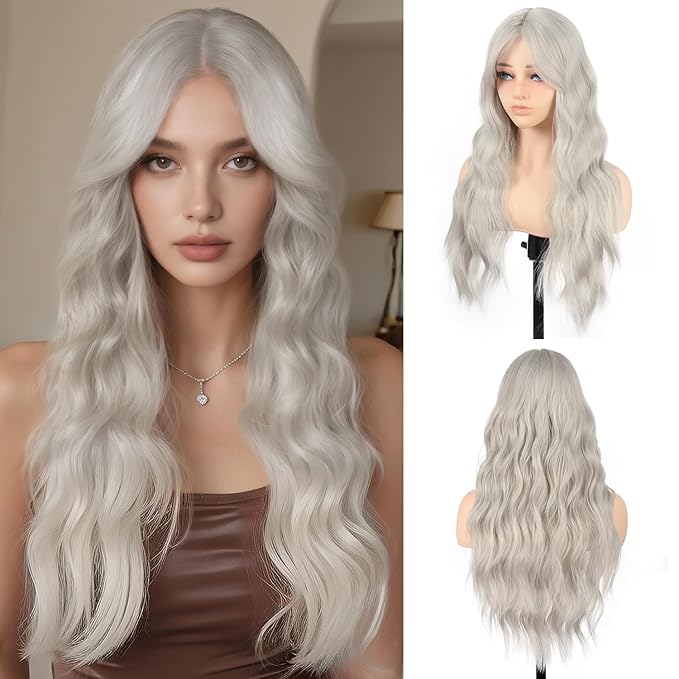 Long Wavy Gray Wig with Curtain Bangs for Women 26 Inch Silver Gray Synthetic Wig Natural Looking Heat Resistant Fiber Hair Wigs for Daily Party Halloween Cosplay Use