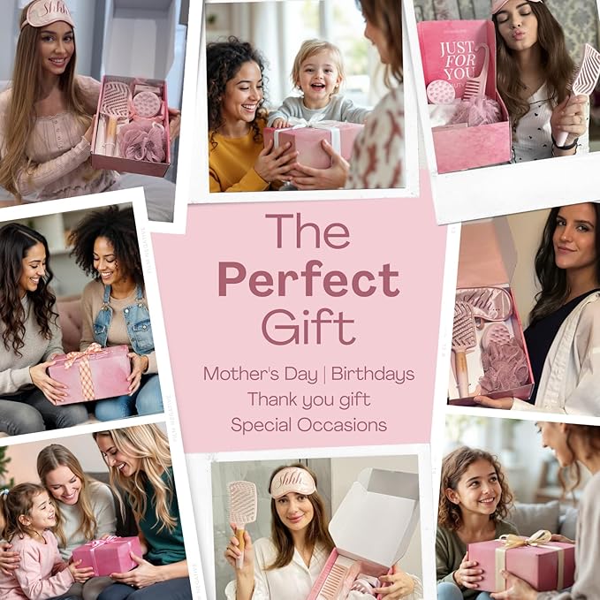 Detangling Brush for Women with Flexible Bristles and Mom Birthday Gift Set - 7-Piece Luxury Spa Gift Kit with Brush & Eye Mask