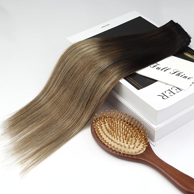 Full Shine Clip in Hair Extensions Human Hair Black Roots Hair Clip in Extensions Balayage Remy Hair Ombre Brown with Honey Blonde Straight Clip ins Ease of Use 3 PCS 60 G