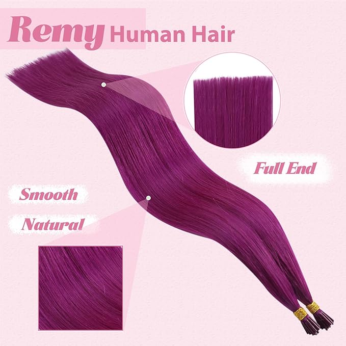 YoungSee I Tip Hair Extensions Human Hair Purple Itip Human Hair Extensions Colorful Human Hair Extensions I Tips Purple I-Tip Remy Hair 25g 40s Cold Fusion 14In for Party