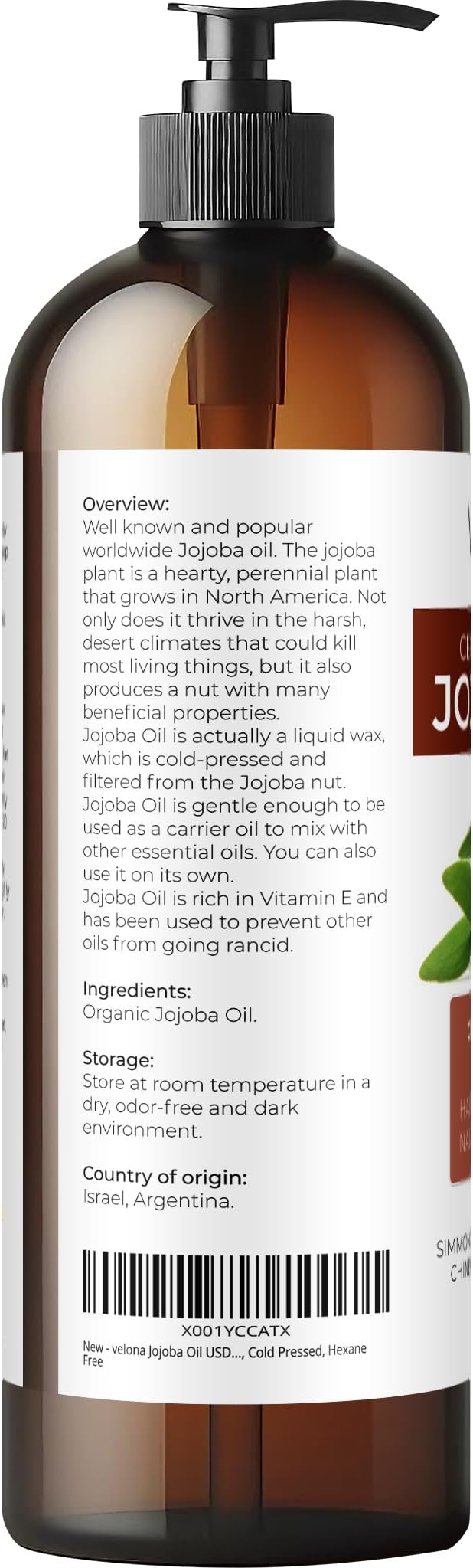 velona Jojoba Oil USDA Certified Organic - 16 fl oz (With Pump) | 100% Pure and Natural | Golden, Unrefined, Cold Pressed, Hexane Free | Moisturizing Face, Hair, Body, Skin Care