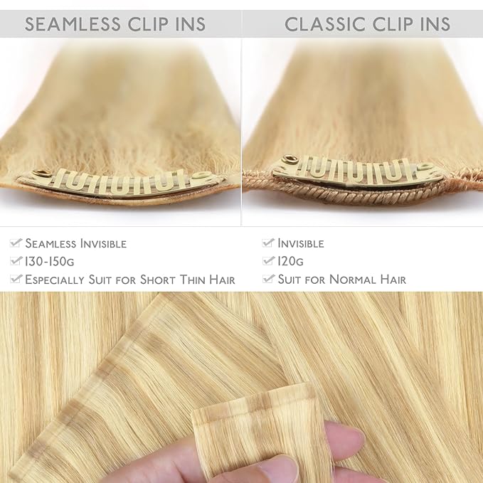 WENNALIFE Seamless Clip In Hair Extensions, 18 Inch 7pcs 130g Light Blonde Highlighted Golden Blonde Hair Extensions Clip In Real Human Hair Extensions Invisible PU Weft Human