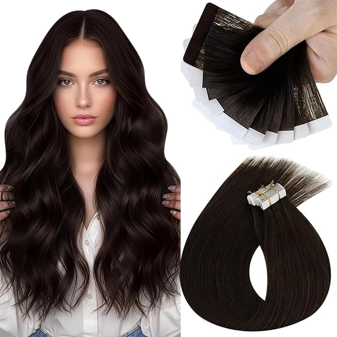 Sunny Hair Tape in Hair Extensions Real Human Hair Invisible Remy Hair Extensions Tape ins for Women Dark Brown 18 inch 25G