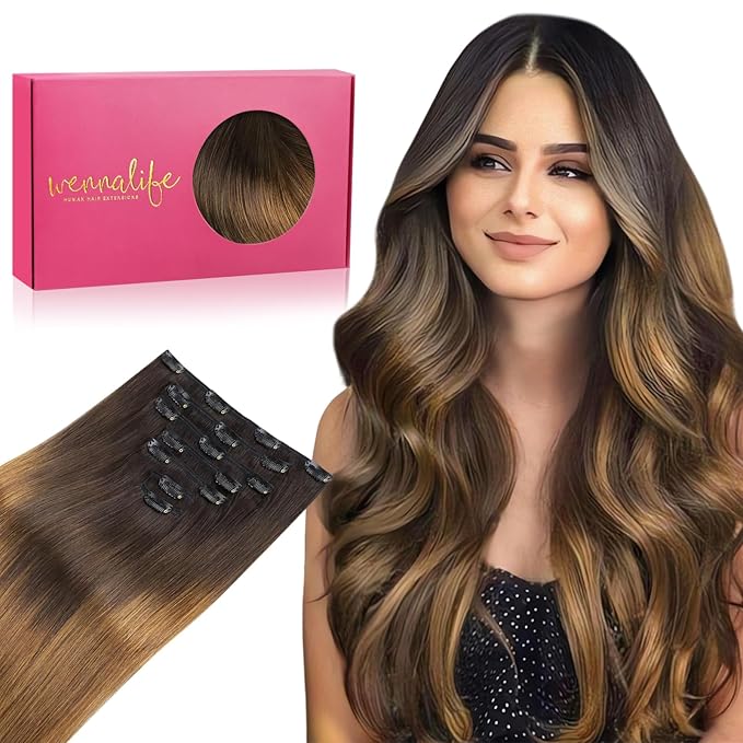 WENNALIFE Clip in Hair Extensions Real Human Hair, 22 Inch 130g 7pcs Remy Hair, Ombre Dark Brown to Light Chestnut Brown Straight Natural Extensiones De Cabello Humano Con Clip Ins