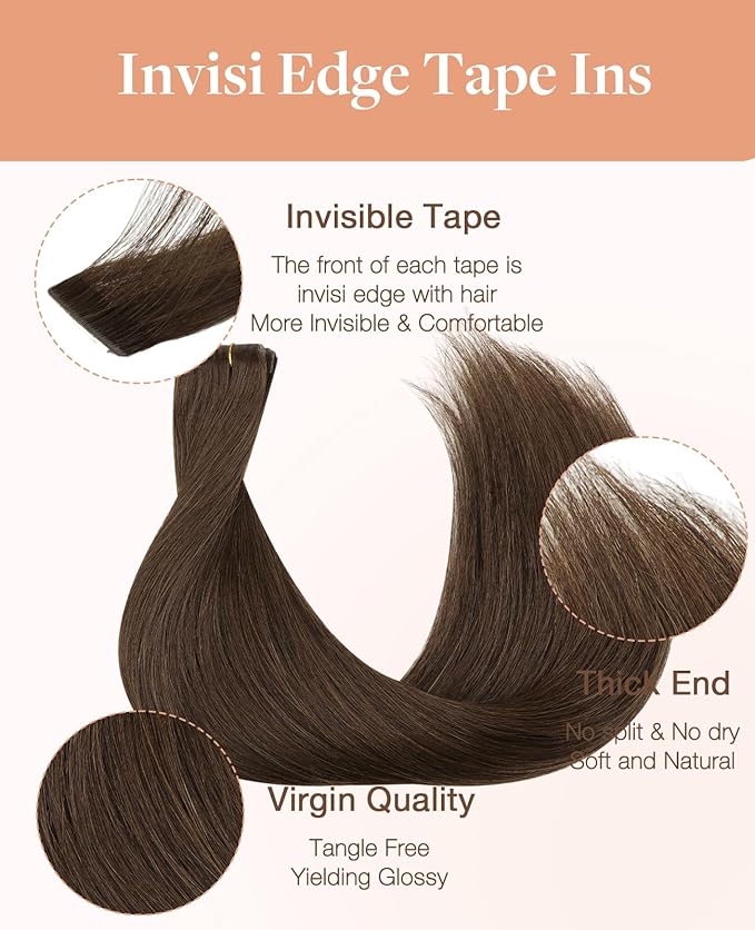 GOO GOO Invisi edge Tape in Hair Extensions Human Hair, 4A Chocolate Brown10pcs injected with 10pcs classical tape ins, 16inch 50g, Virgin Human Hair Tape ins