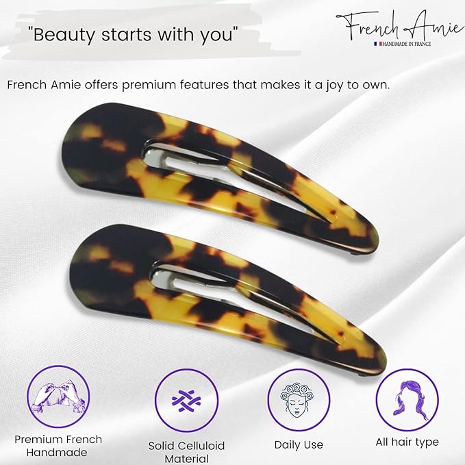 French Amie Clic Clac Large Handmade Celluloid Acetate Set of 2 Snap Hair Clips No Slip Side Slide-in Barrette for Women and Girls (Tokyo)
