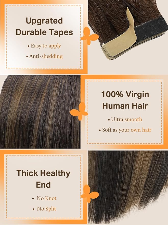 DOORES Human Hair Extensions Tape in, Balayage Dark Brown to Chestnut Brown Real Hair Extensions 10pcs 24 Inch 30g, Tape in Straight Natural Hair Extensions Skin Weft